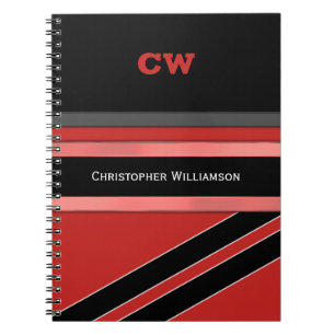 Add name and initials red black office notebook
