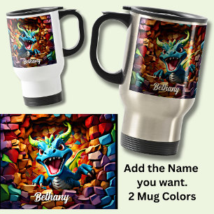 Add Name, Aqua Blue Baby Dragon Breaking Through Travel Mug