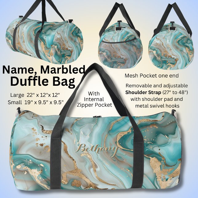 Add Name Aqua Blue Gold Marbled  Duffle Bag (Creator Uploaded)