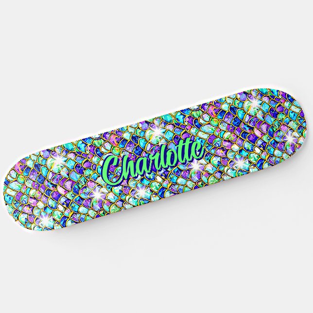 Add Name, Aqua Blue Pink Mermaid Scales Skateboard (Creator Uploaded)