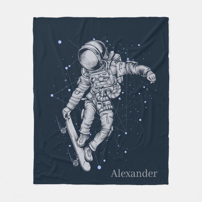 Add Name Astronaut Skateboarder on Midnight Blue  Fleece Blanket (Front)