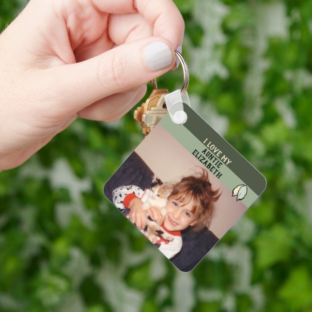 Add name auntie double sided leaves green key ring (Hand)