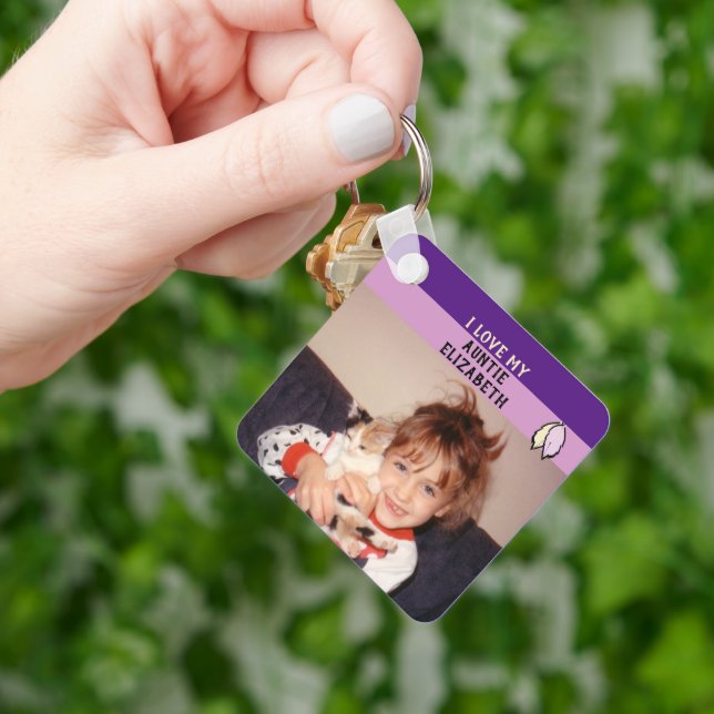 Add name auntie double sided leaves purple key ring (Hand)