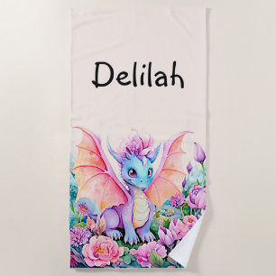 Add Name - Baby Dragon Wings & Flowers Beach Towel