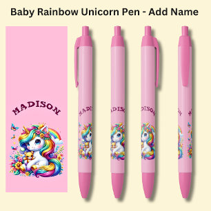 Add Name, Baby Rainbow Unicorn on Pink Black Ink Pen