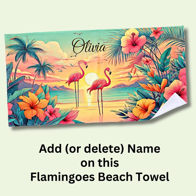 Add Name Beach Sunset Flamingoes Tropical Flowers  Towel (Creator Uploaded)