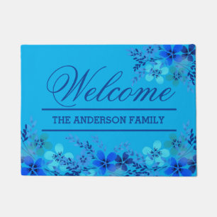 ADD NAME Beautiful Blue Floral Welcome Doormat