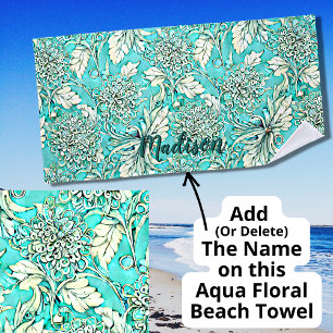 Add Name, Beautiful Lacy Light Teal Floral Beach Towel