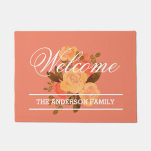 ADD NAME    Beautiful Peach Floral Welcome Doormat