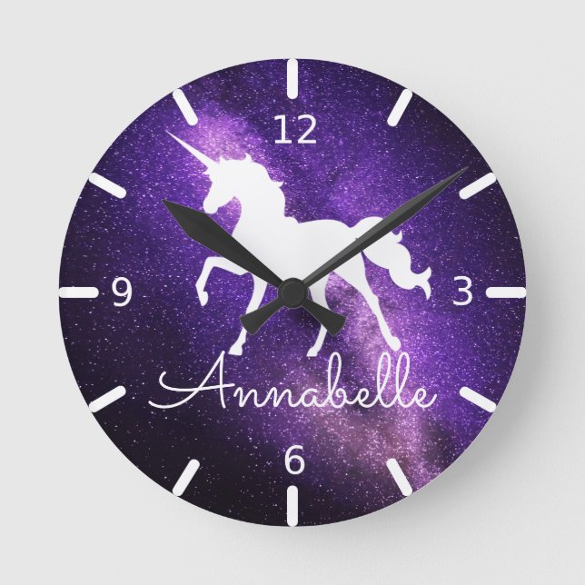 ADD NAME / Beautiful Unicorn Purple Space Round Clock (Front)