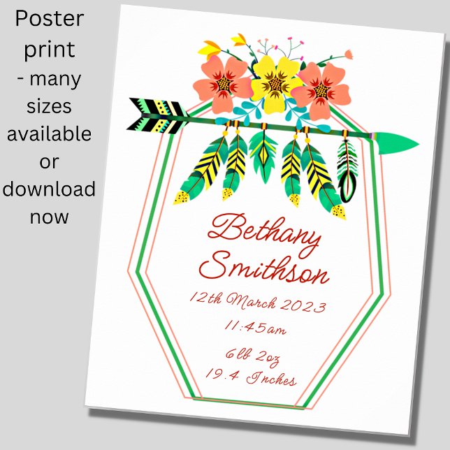 Add Name - Birth Details Feathers Flowers Nursery Poster (Creator Uploaded)
