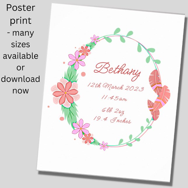 Add Name - Birth Details Flowers Feathers Nursery Poster (Creator Uploaded)