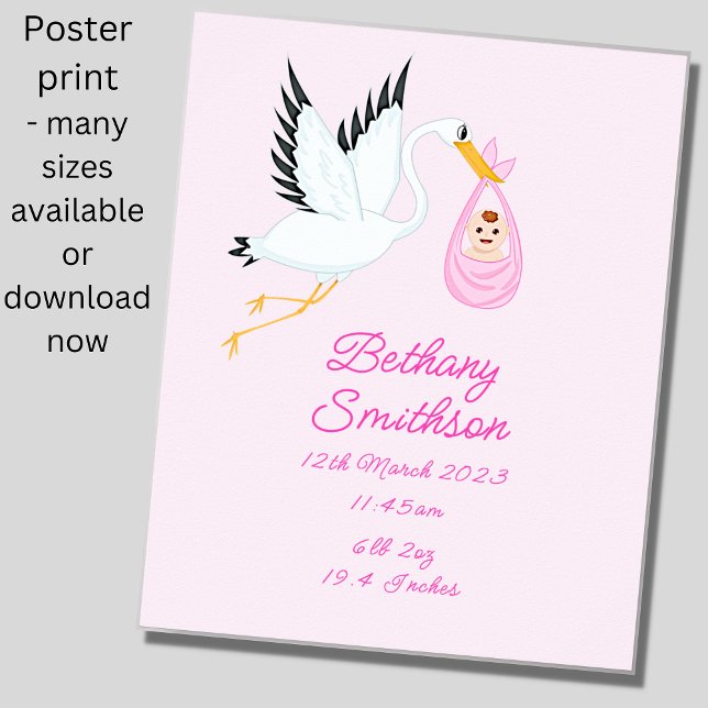 Add Name - Birth Details Stork Pink Baby Nursery   Poster (Creator Uploaded)