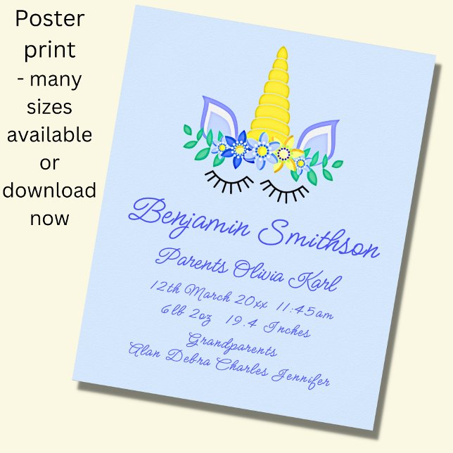 Add Name Birth Details, Unicorn Eyes Blue Nursery  Poster (Creator Uploaded)