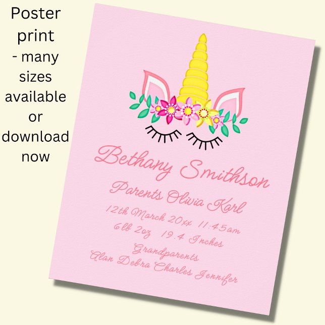 Add Name Birth Details, Unicorn Eyes Pink Nursery Poster (Creator Uploaded)