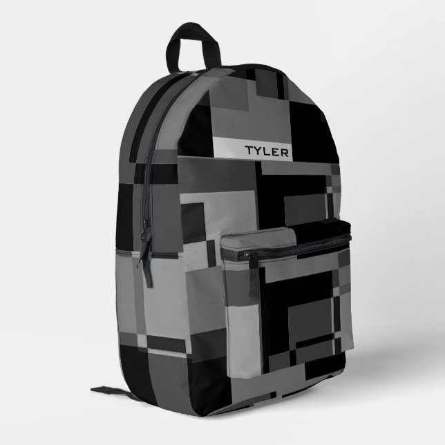  Add Name Black & Grey Abstract Modern Minimal Men Printed Backpack (Back Corner Left)