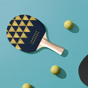 Add Name Blue and Faux Gold Triangle Pattern Ping Pong Paddle
