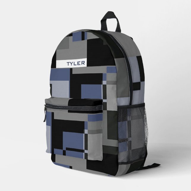 Add Name Blue And Grey Abstract Modern Minimal Men Printed Backpack (Back Corner Right)
