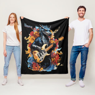 Add Name, Blue & Black Guitar Dragon Musician  Fleece Blanket