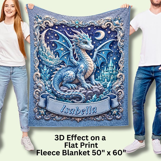 Add Name, Blue Dragon with Castle & Moon  Fleece Blanket (Creator Uploaded)