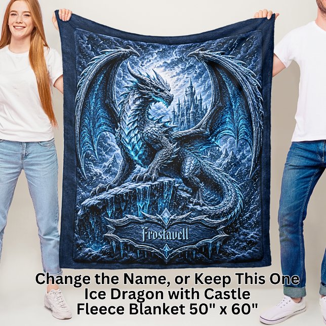 Add Name Blue Frost Dragon on Mountain with Castle Fleece Blanket (Creator Uploaded)