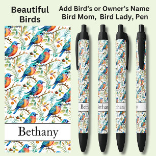 Add Name, Blue Orange Colourful Birds Black Ink Pen