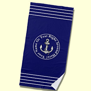 Add Name, Blue White Nautical Anchor & Stripes  Beach Towel