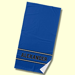 Add Name, Blue & White Nautical Stripes on Blue Be Beach Towel