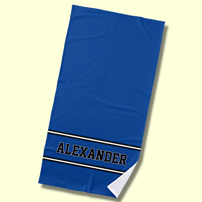 Add Name, Blue & White Nautical Stripes on Blue Be Beach Towel (Creator Uploaded)