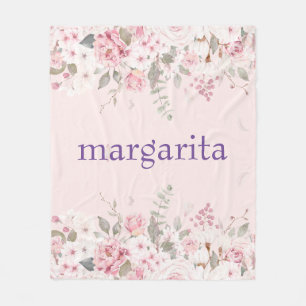 Add Name Boho Pink Green White florals Fleece Blanket