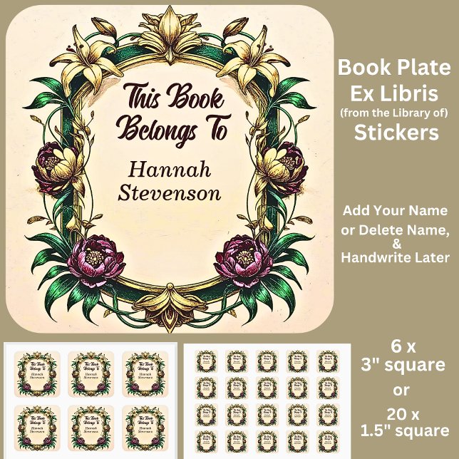 Add Name, Book Belongs To Elegant Art Nouveau Square Sticker (Creator Uploaded)
