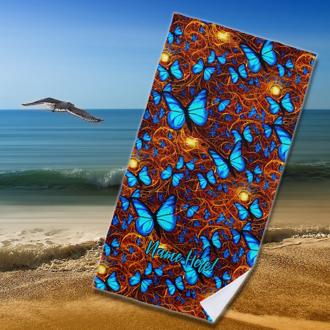 Add Name, Bright Blue Butterflies on Golden Swirls Beach Towel (Creator Uploaded)