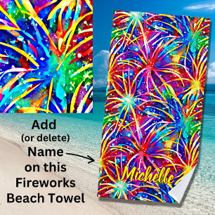 Add Name Bright Fireworks, Watercolor Painting Beach Towel