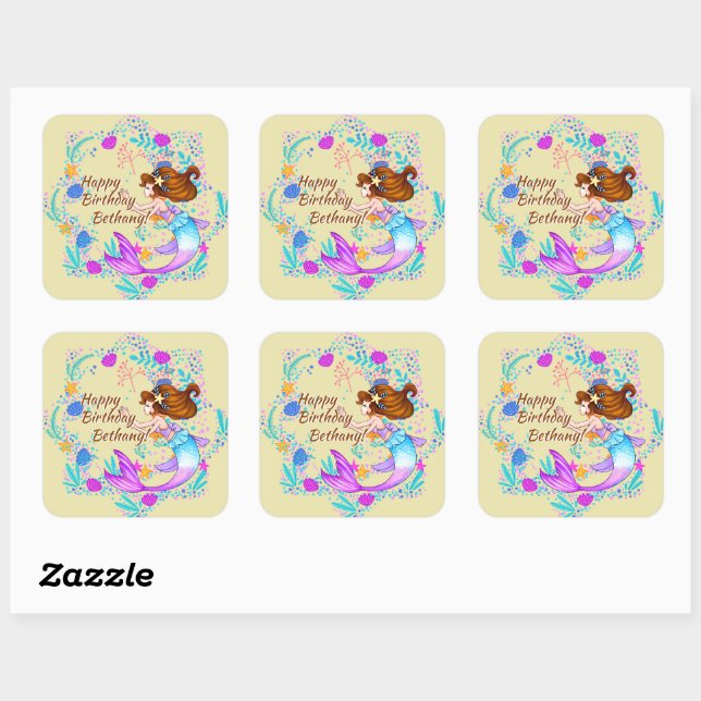 Add Name Brown Hair Mermaid Mauve on Cream Party  Square Sticker (Sheet)