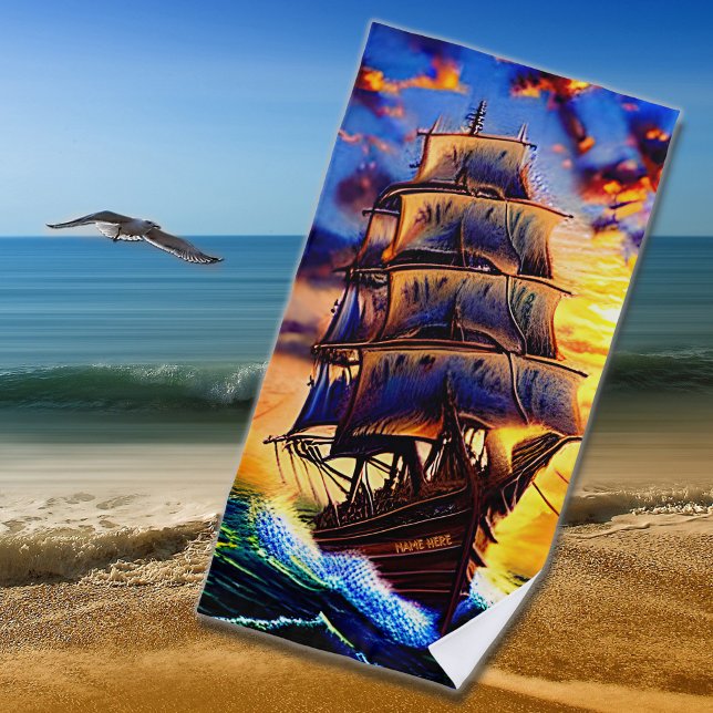 Add Name, Brown Pirate Sailing Ship in Waves Beach Towel (Creator Uploaded)