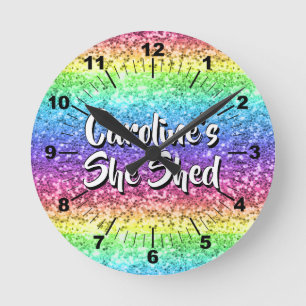 Add Name Change Any Text She Shed Sparkle Rainbow  Round Clock