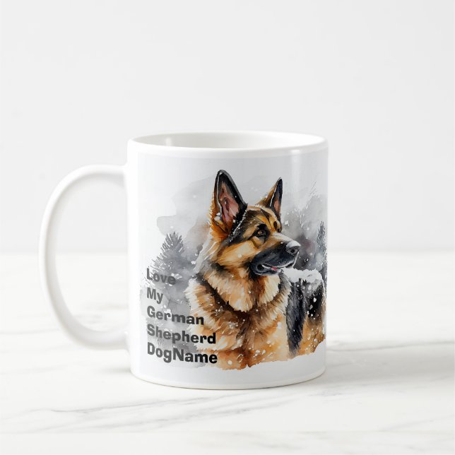 Add Name Change Text, German Shepherd in Snow #5 Coffee Mug (Left)
