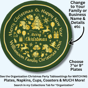 Add Name Change Text Gold  Green Christmas 20xx 7" Paper Plate