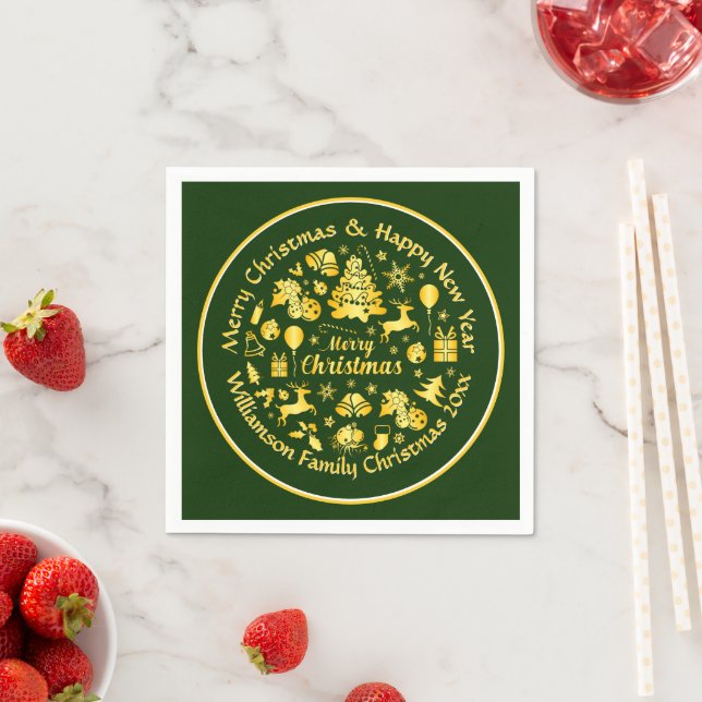 Add Name Change Text Gold  Green Christmas 20xx  Napkin (Insitu)
