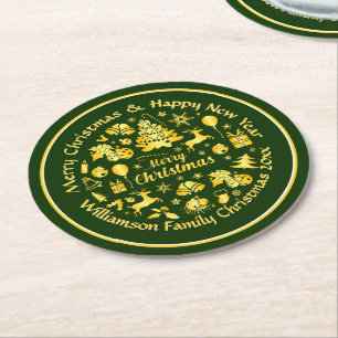 Add Name Change Text Gold Green Christmas 20xx Sq Round Paper Coaster