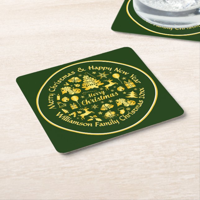 Add Name Change Text Gold  Green Christmas 20xx Square Paper Coaster (Angled)
