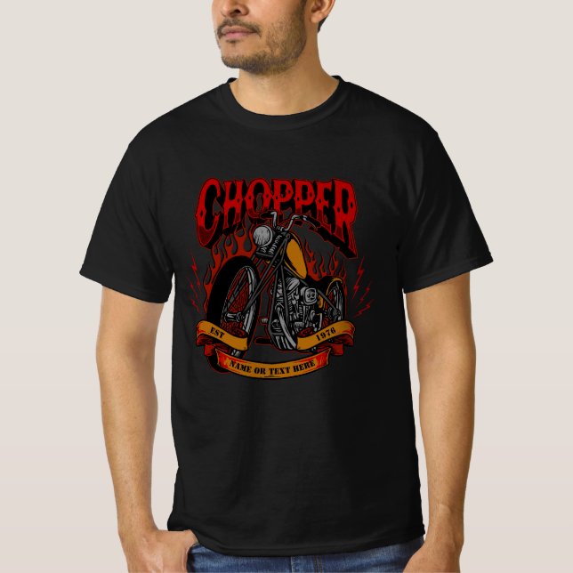Add Name Change Text Red Chopper Motorcycle Flames T-Shirt (Front)
