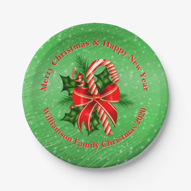 Add Name Change Text Red Green Christmas 7" Paper Plate (Front)