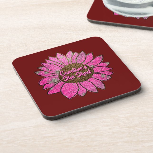 Add Name  Change Text She Shed Pink Sunflower      Coaster (Left Side)