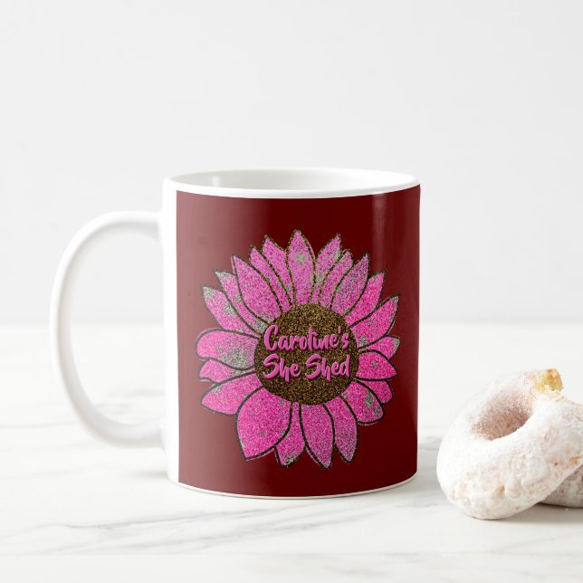 Add Name Change Text She Shed Pink Sunflower       Coffee Mug (With Donut)