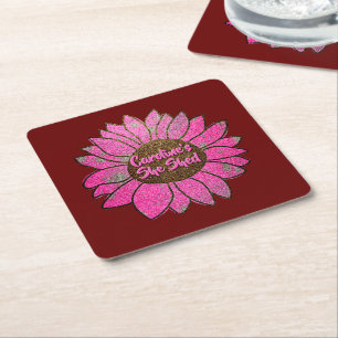Add Name Change Text She Shed Pink Sunflower Square Paper Coaster