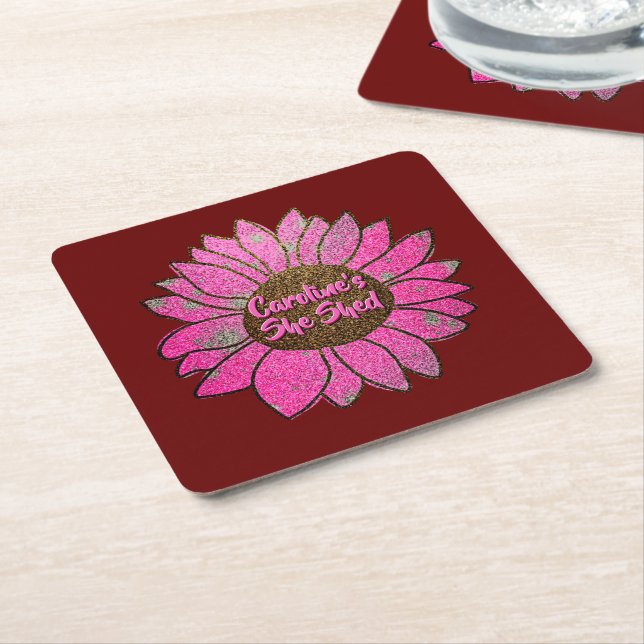 Add Name  Change Text She Shed Pink Sunflower      Square Paper Coaster (Angled)