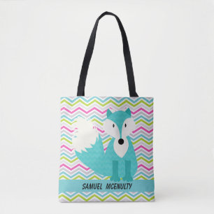 Add Name Chevron Stripe With Blue Fox Tote Bag