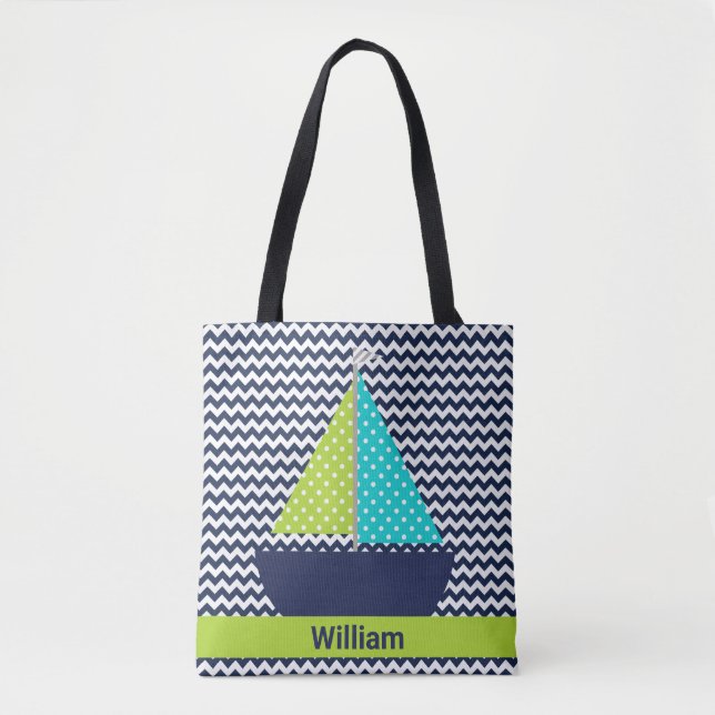 Add Name Chevron Stripe With Sailboat Tote Bag (Front)