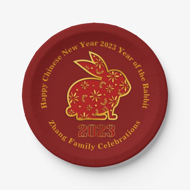 Add Name Chinese New Year 2023 Rabbit Red Gold 7" Paper Plate (Front)